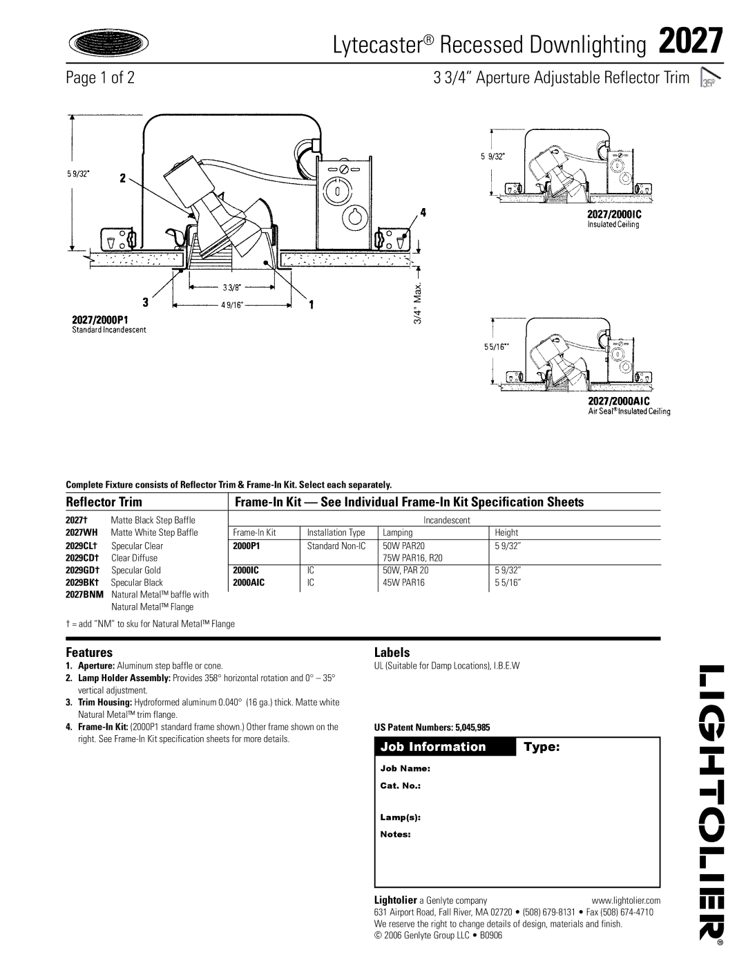 Lightolier 2027 specifications Lytecaster Recessed Downlighting , Aperture Adjustable Reflector Trim, Features, Labels 